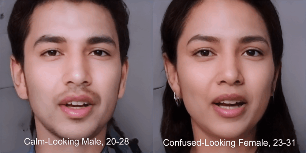 AI Twins: calm-confused Side by side deep-learning-generated images of male and female versions of a young adult. Male caption: Calm-Looking Male, 20–28. Female caption: Confused-Looking Female, 23–31.