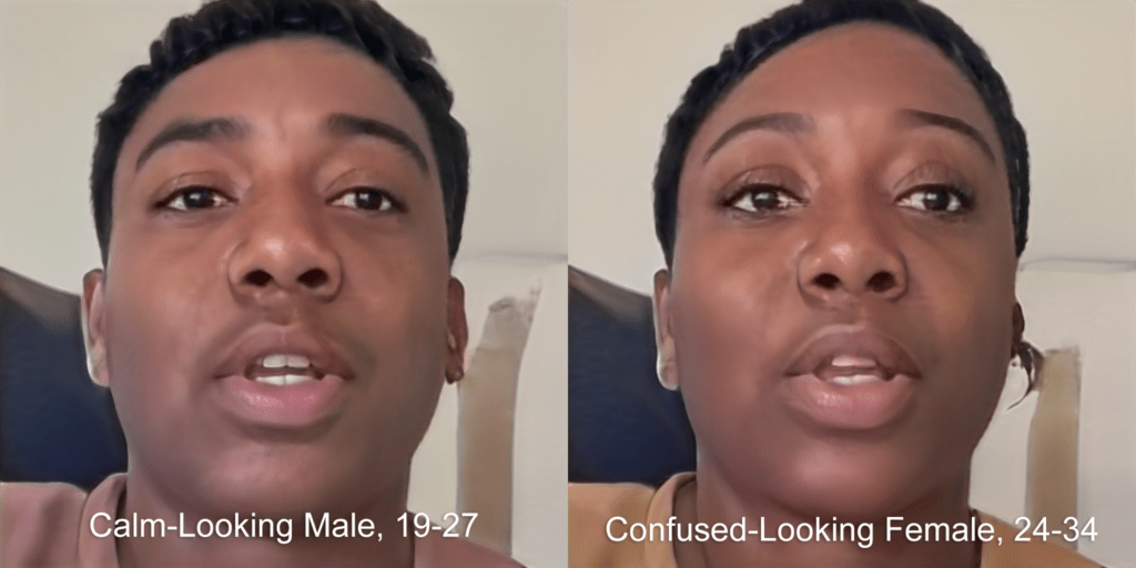 Side by side deep-learning-generated images of male and female versions of a young adult. Male caption: Calm-Looking Male, 19–27. Female caption: Confused-Looking Female, 24–34.