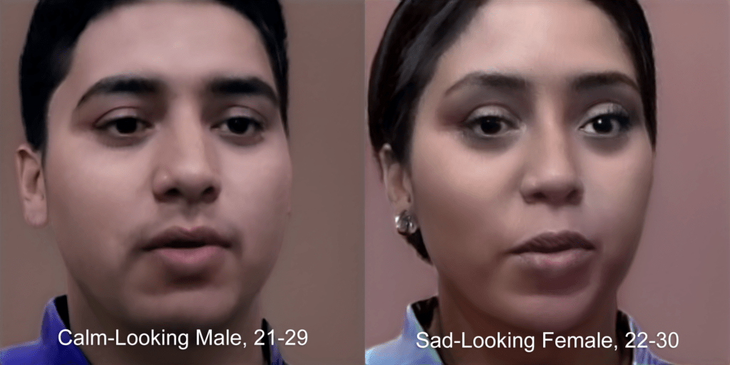Side by side deep-learning-generated images of male and female versions of a young adult. Male caption: Calm-Looking Male, 21–29. Female caption: Sad-Looking Female, 22–30.