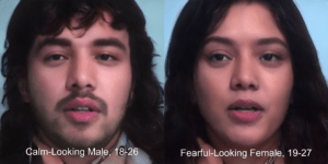 Side by side deep-learning-generated images of male and female versions of a young adult. Male caption: Calm-Looking Male, 18–26. Female caption: Fearful-Looking Female, 19–27.