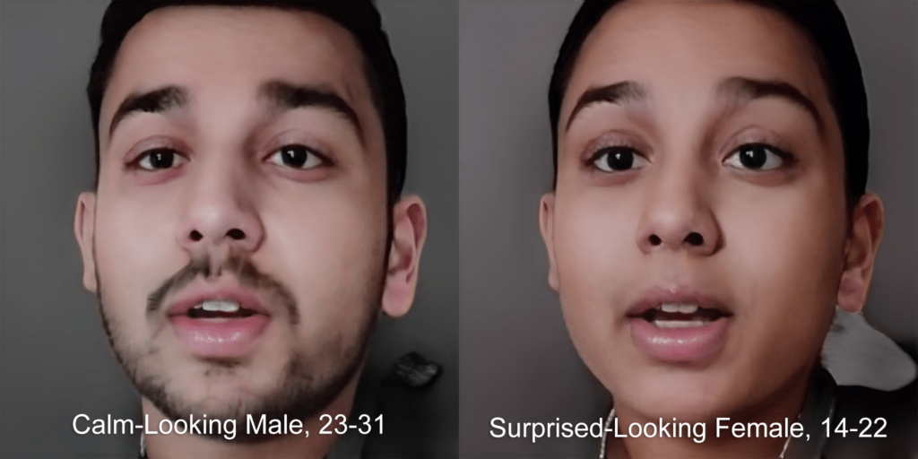 Side by side deep-learning-generated images of male and non-binary or female versions of a young adult. Male caption: Calm-Looking Male, 23–31. Non-binary/Female caption: Surprised-Looking Female, 14–22.