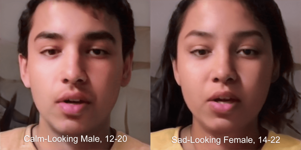 Side by side deep-learning-generated images of male and female versions of a teen or young adult. Male caption: Calm-Looking Male, 12–20. Female caption: Sad-Looking Female, 14–22.